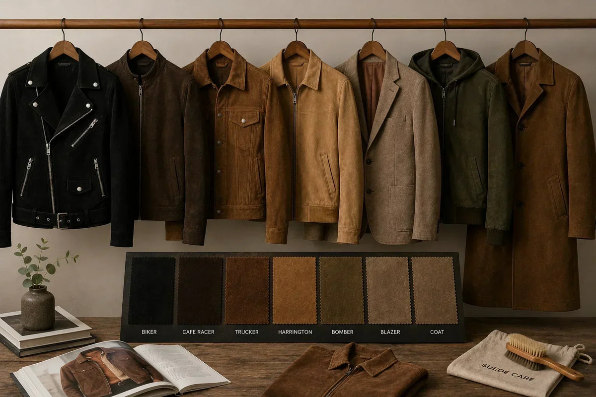 Wildlederjacken in Schwarz, Braun, Cognac und Oliv an einer Kleiderstange