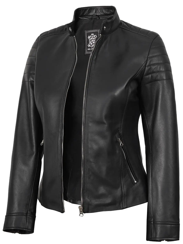 Schwarze Cafe Racer-Lederjacke für Damen
