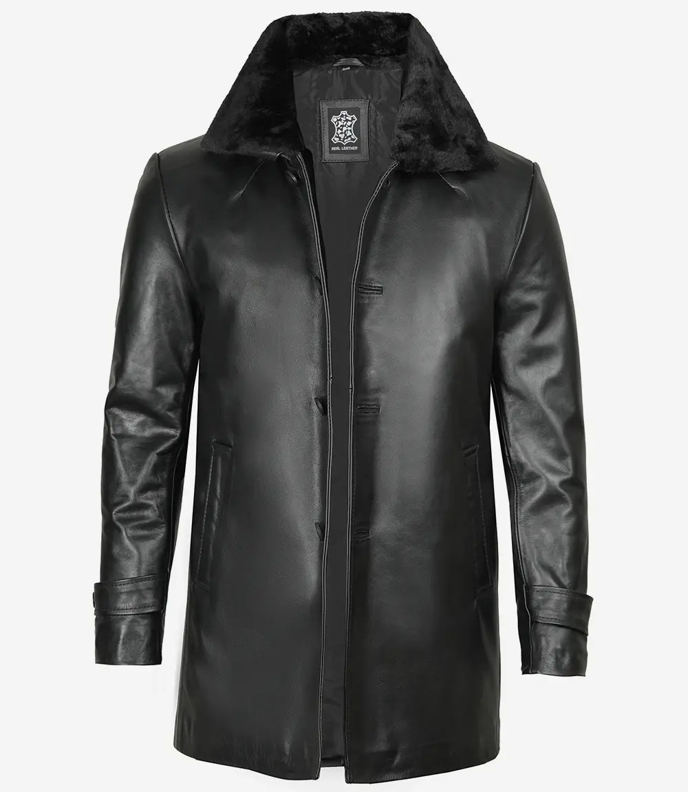 3/4 Black Real Leather Coat With Fur Collar