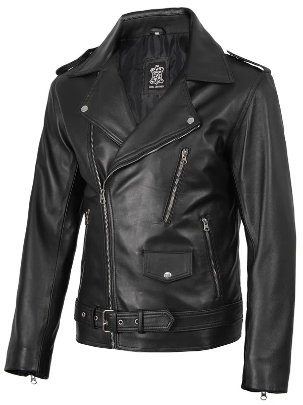 Lederjacke Herren schwarz asymmetrisch Biker mit Gürtel