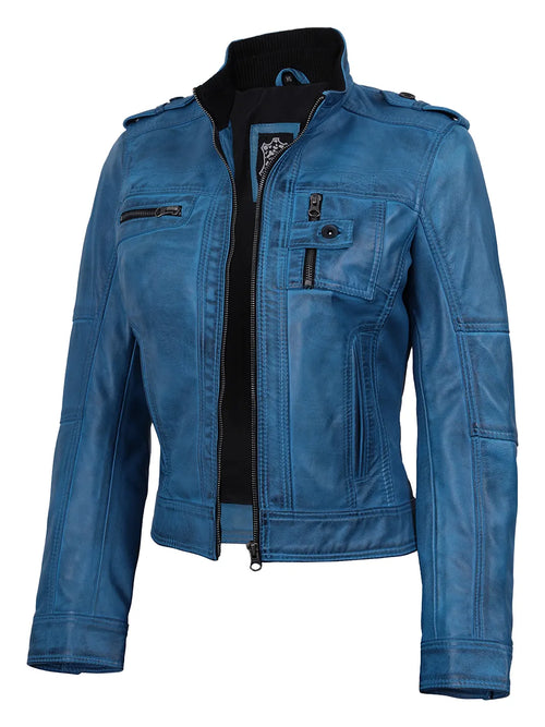 Damen Biker-Lederjacke in Vivid-Blau mit Distressed-Finish