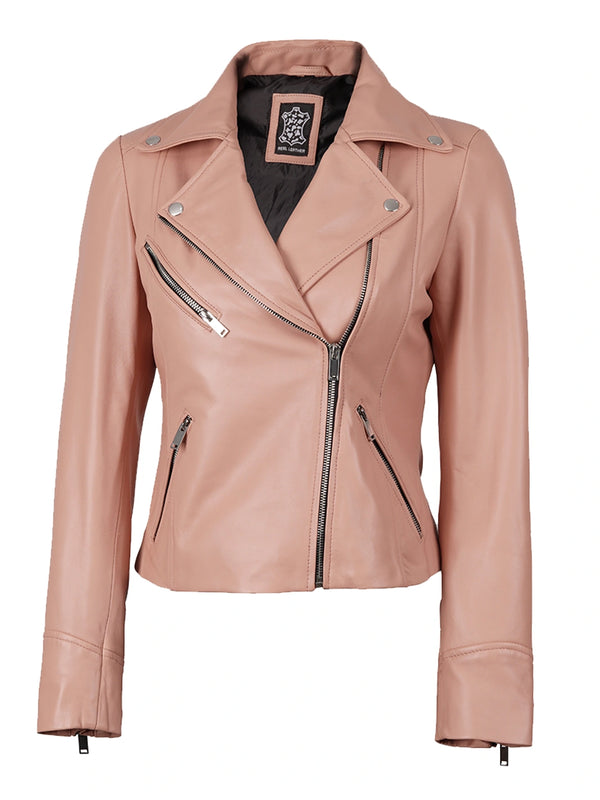 Ninfa Women's Pink Asymmetrical Biker Leather Jacket