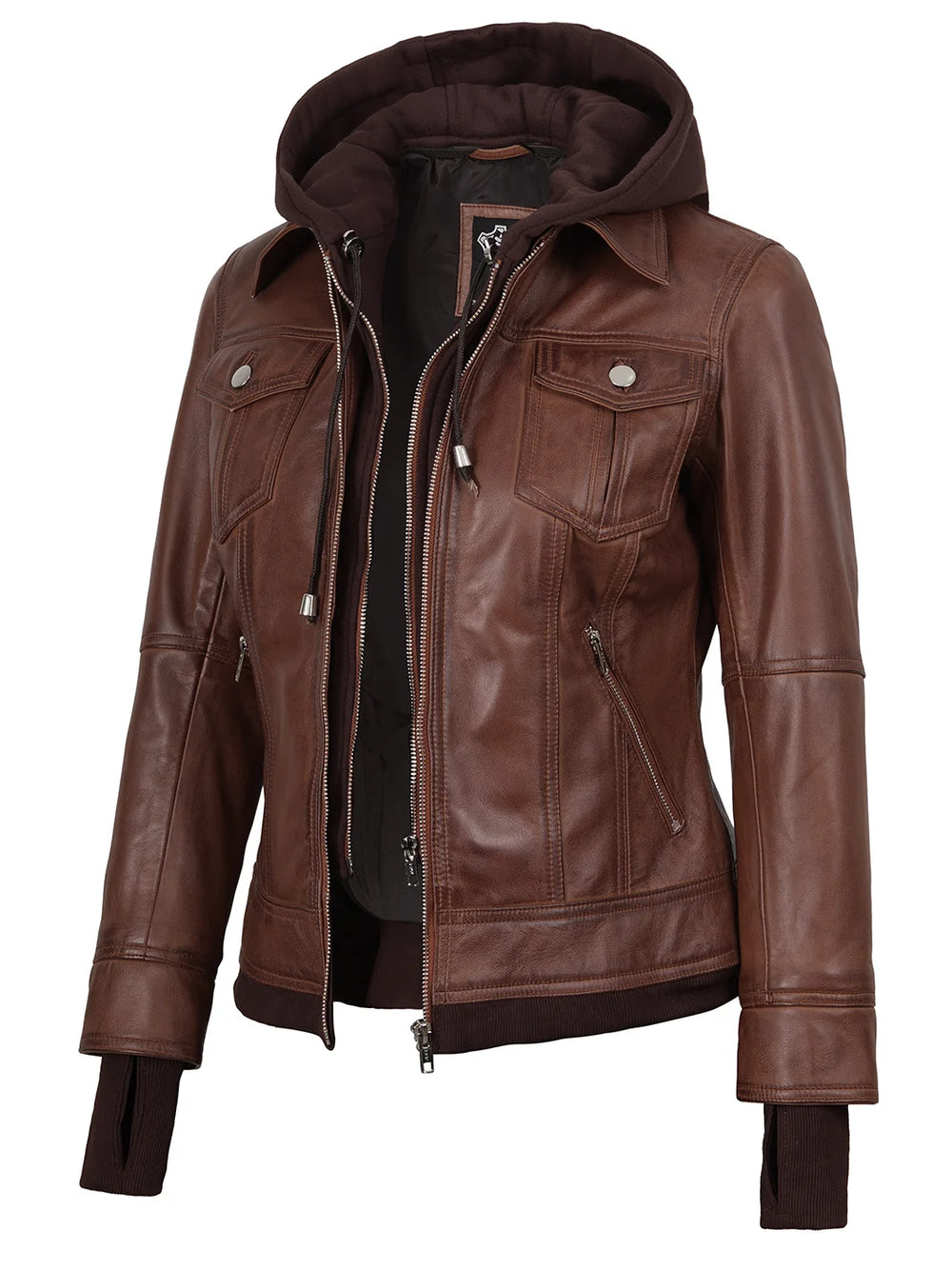 Dark Brown Women's Bomber Jacket with Removable Hood - Front