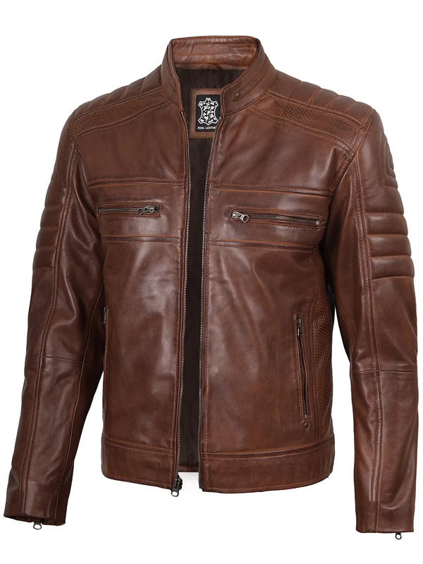 Austin Men Cognac Brown Cafe Racer Leather Jacket