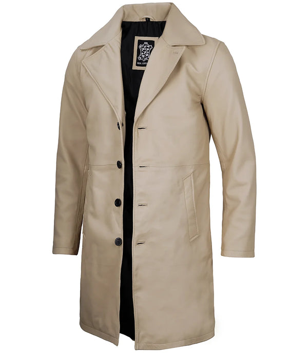 Beige mens leather car coat