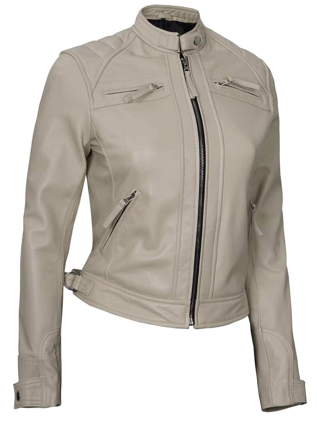 Beige cafe racer leather jacket