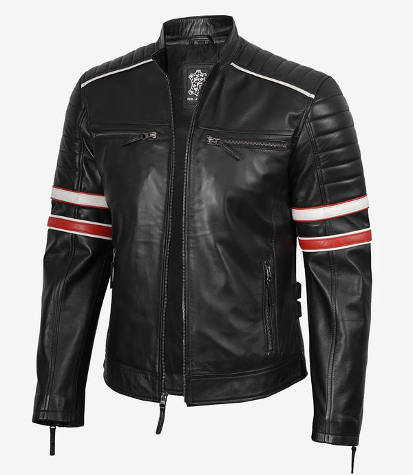 Black Biker Real Leather Jacket with Dual Stripes Mens
