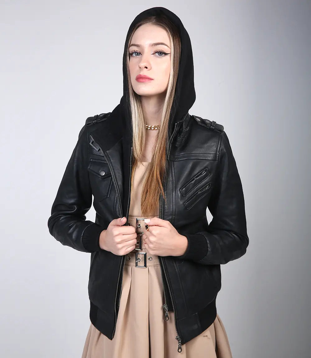 Black Bomber Leather Jacket for Women