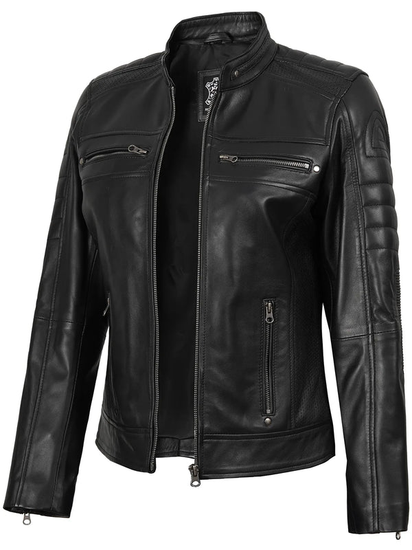Black Cafe Racer Leather Jacket for Tall Womens