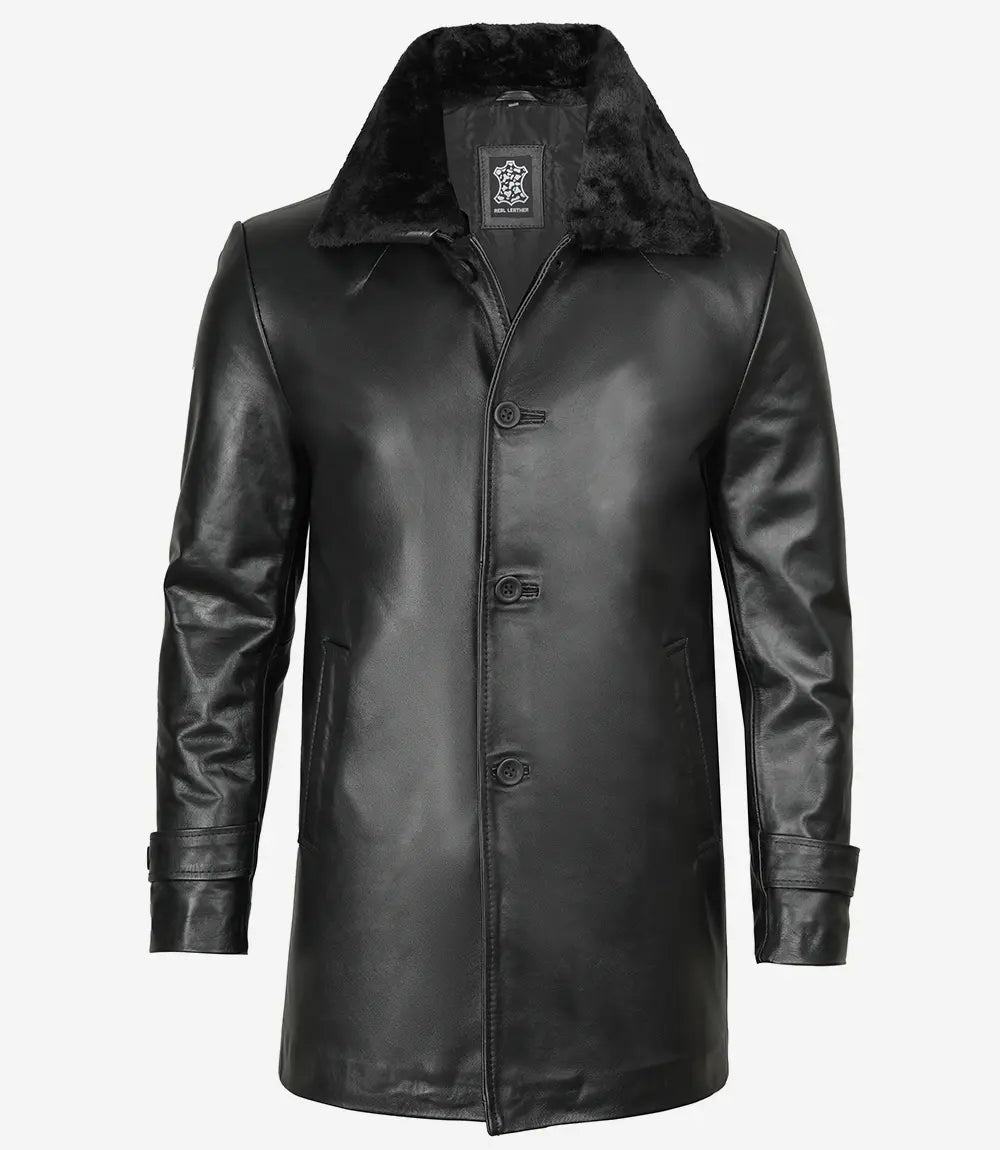 Black Real Leather Coat With Fur Collar