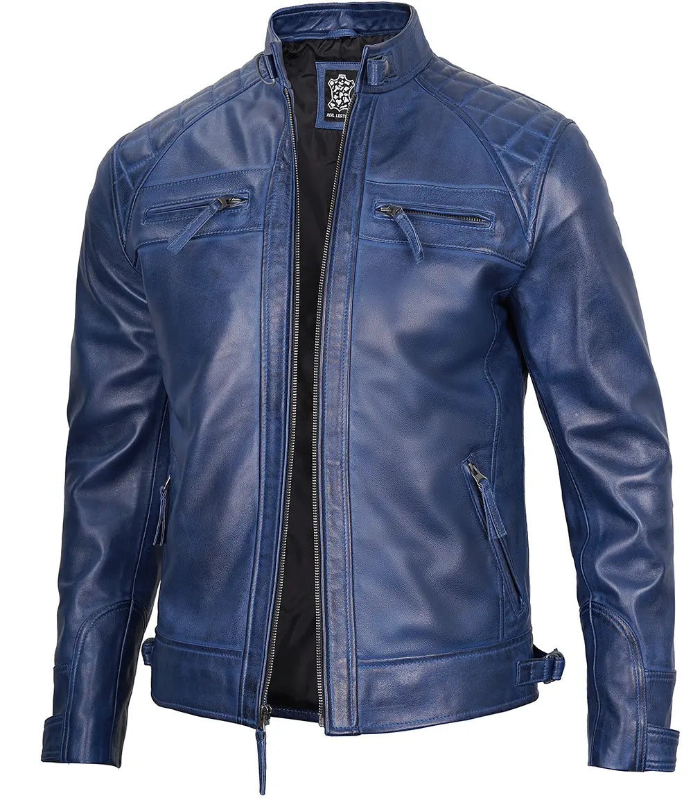 Blue mens cafe racer leather jacket