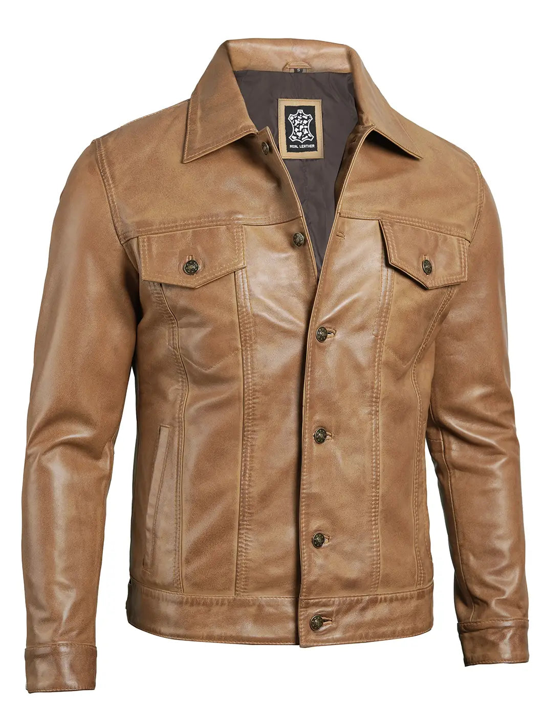 Brown Leather Trucker Jacket mens