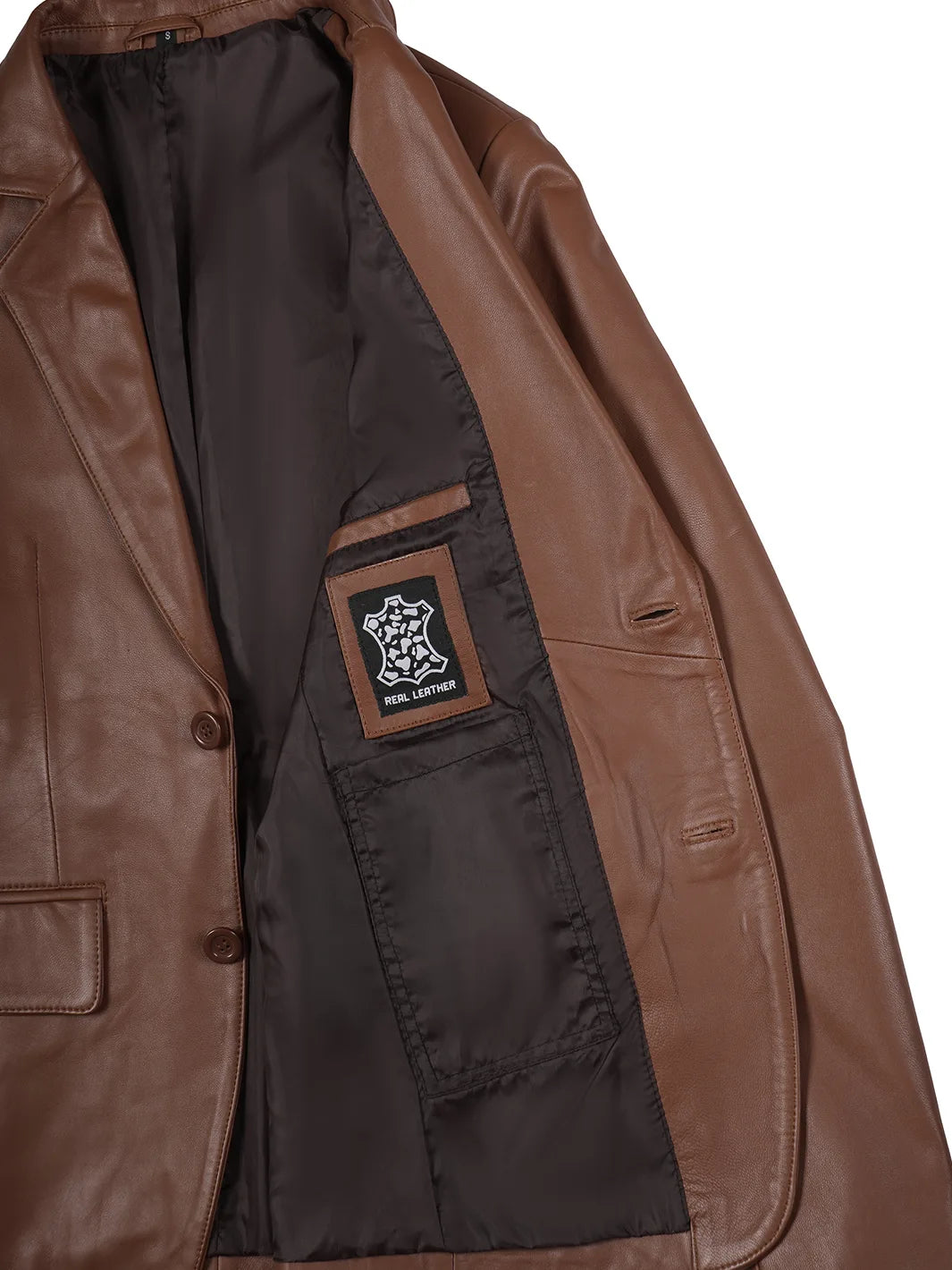 Brown leather jacket with a pocket on a white background
