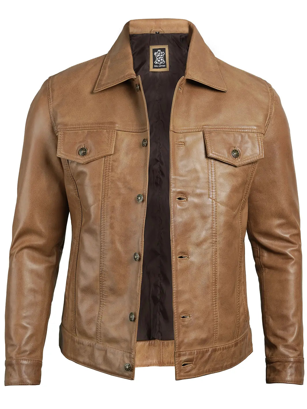 Camel Brown Leather Trucker Jacket mens