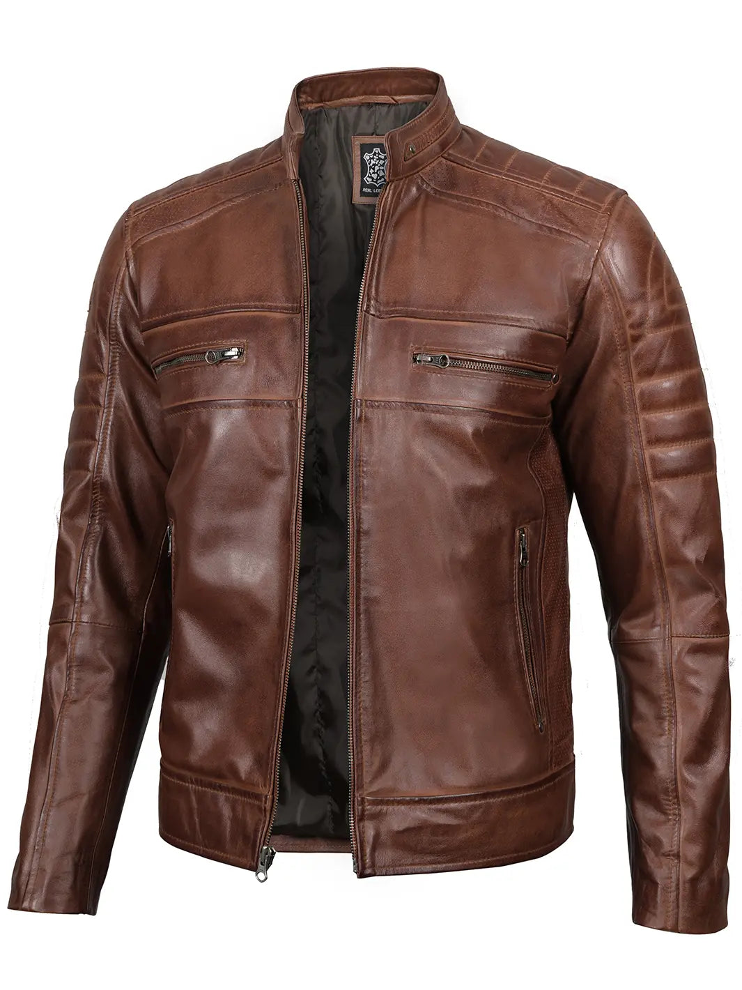 Cognac Cafe Racer Leather Jacket Mens