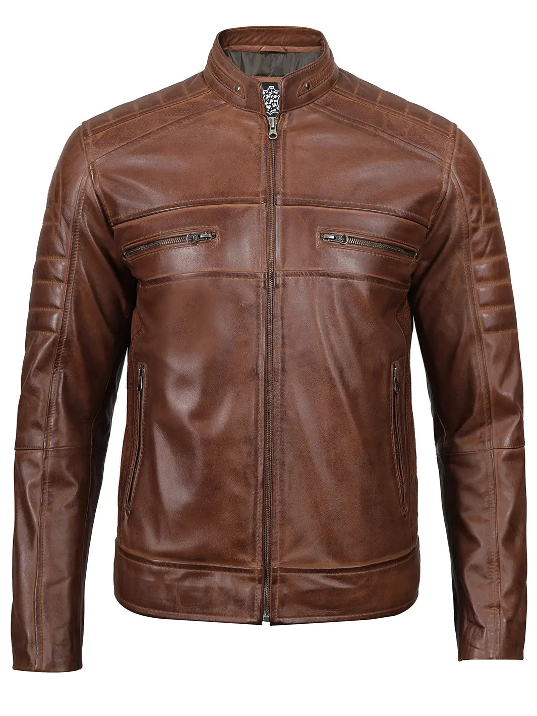 Cognac Cafe Racer Leather Jacket for Mens
