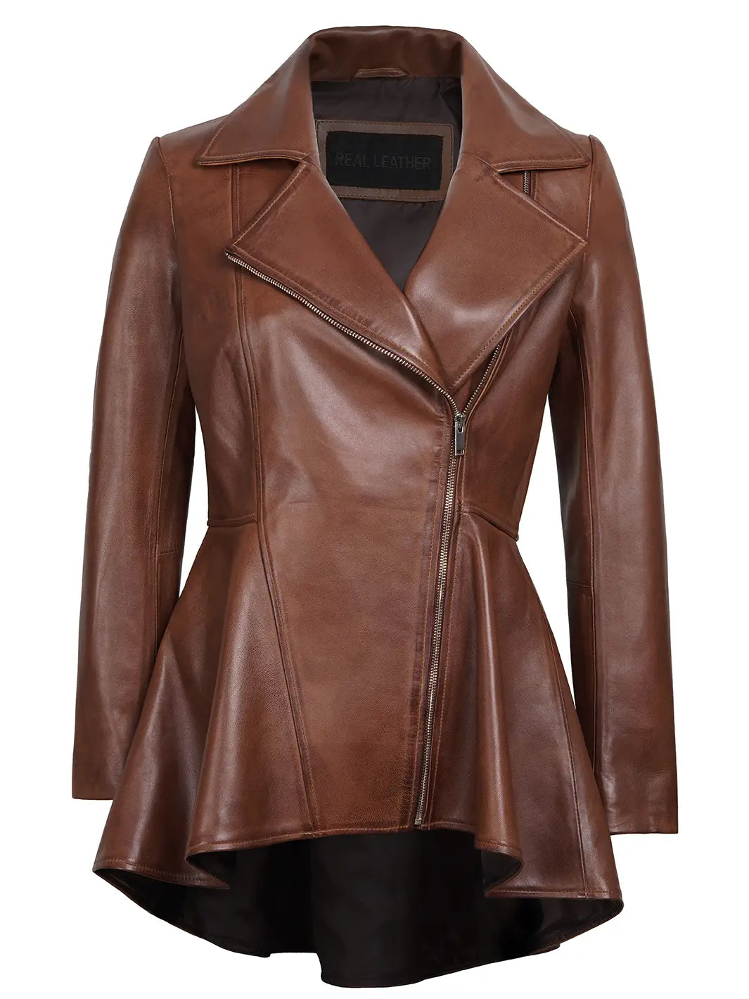 Cognac Wax Peplum Leather Jacket women