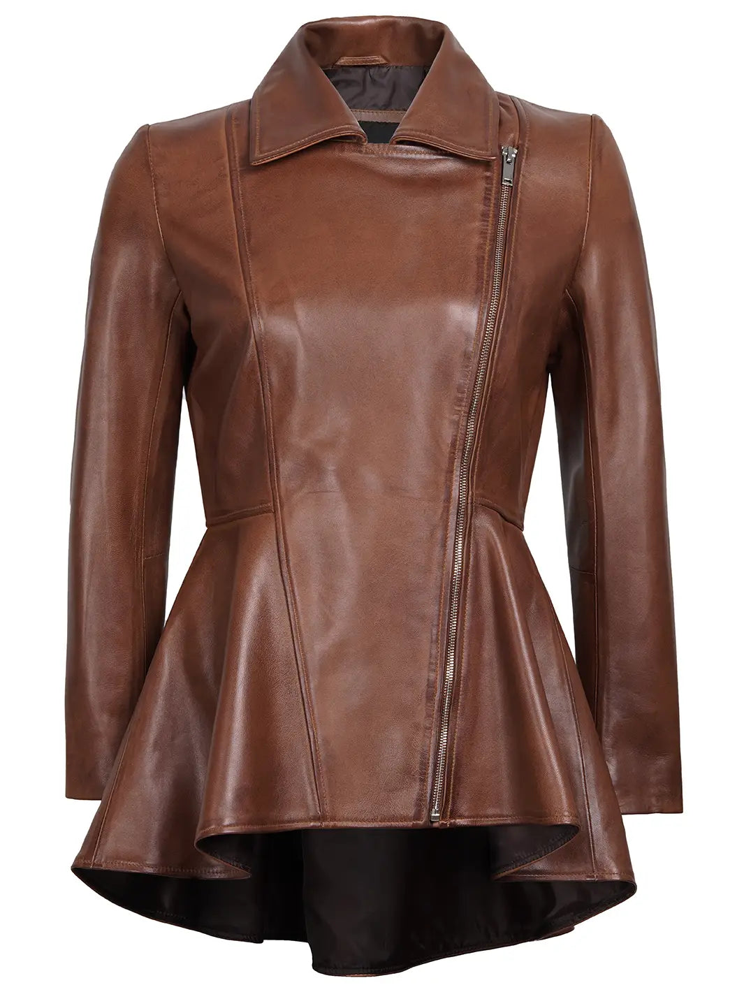 Cognac Wax Peplum Leather Jacket womens