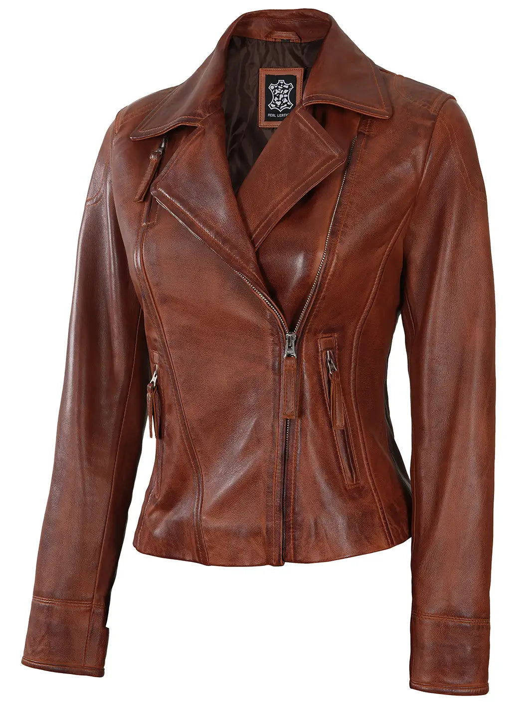 Cognac women biker leather jacket