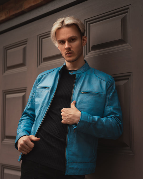 Dodge Herren Cafe Racer Lederjacke Blau 