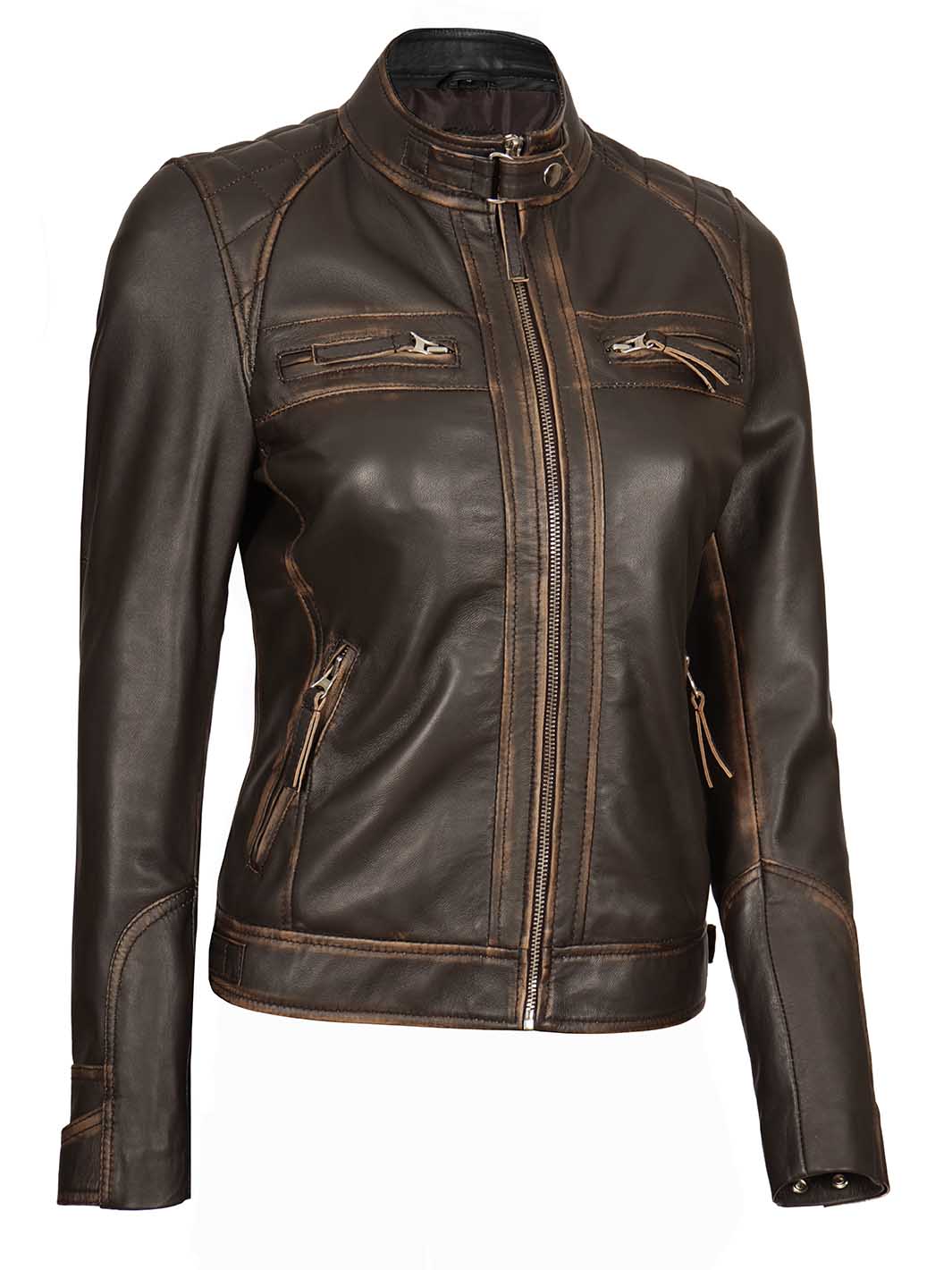 Diamond Women Rub Off Brown Leather Jacket