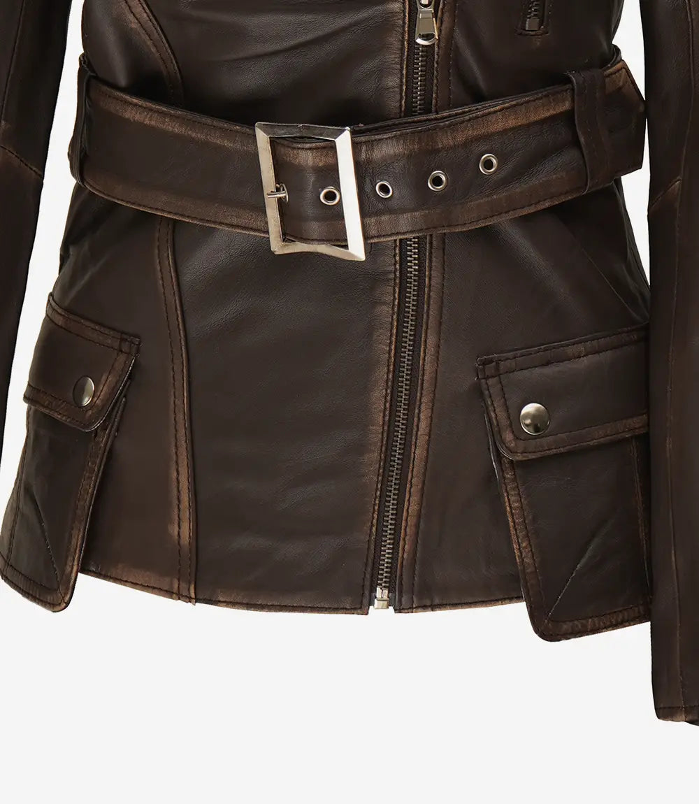 Distressed Brown Asymmetrical Leather Biker Jacket