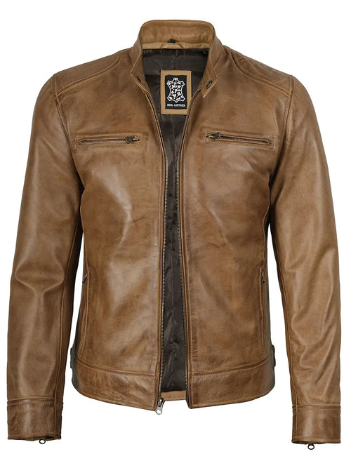 Dodge Camel Brown Leather Cafe Racer Jacket Mens