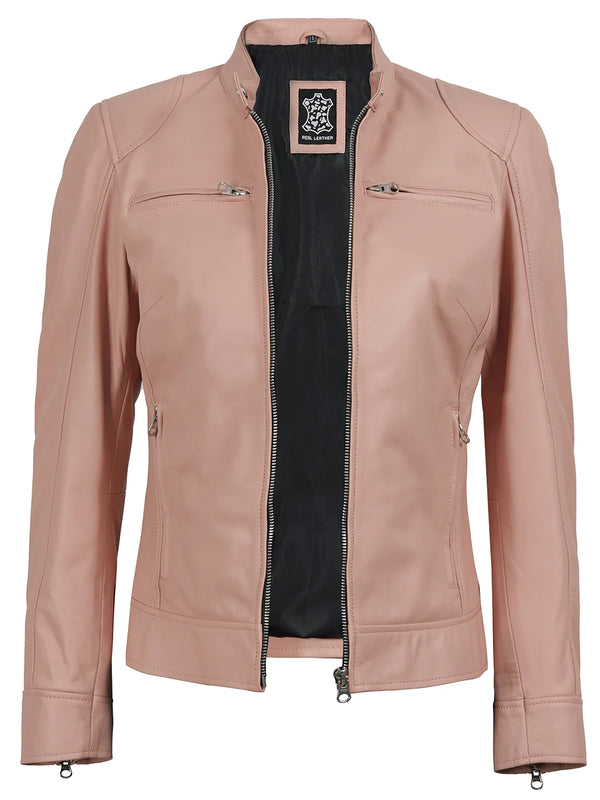 Dodge Women Light Pink Motorcycle Leather Jacket