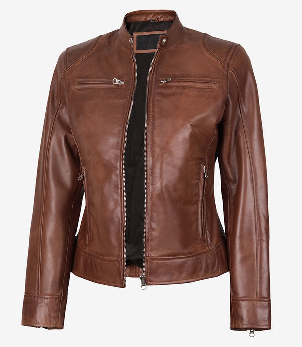 Dodge Womens Cognac Brown Motorcycle Leather Jacket