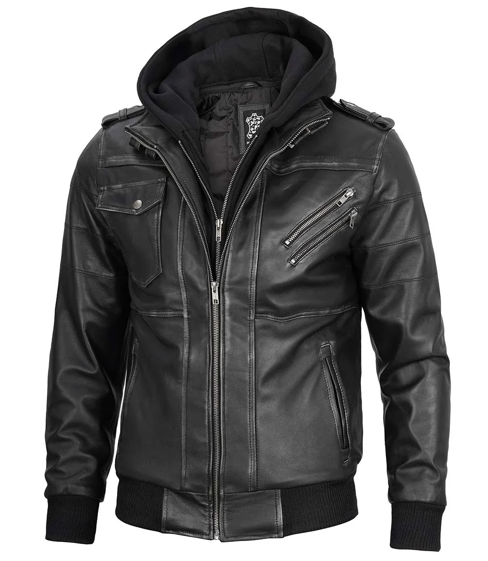 Grey Mens Real Leather Bomber Jacket with Hood