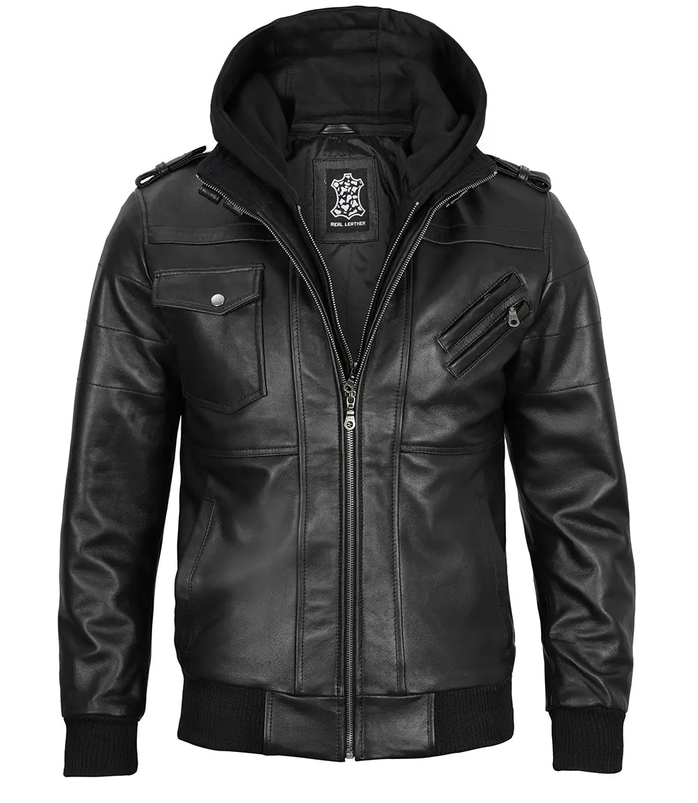 Hooded real leather black jacket