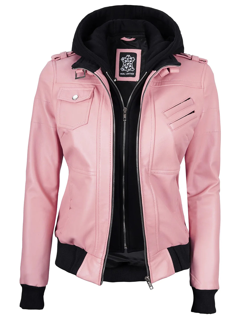 Hooded pink leather jacket