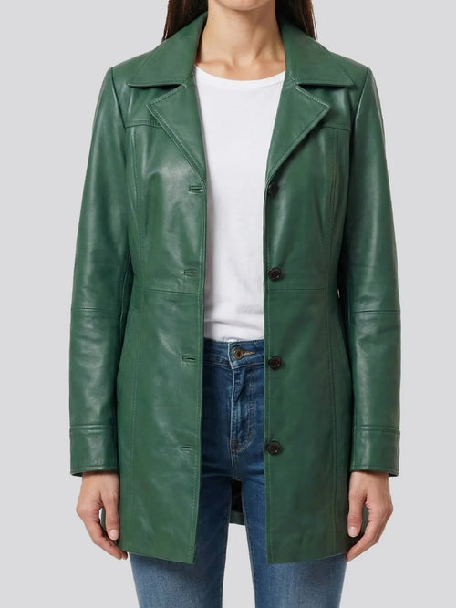 Green leather coat worn by a person on a light gray background