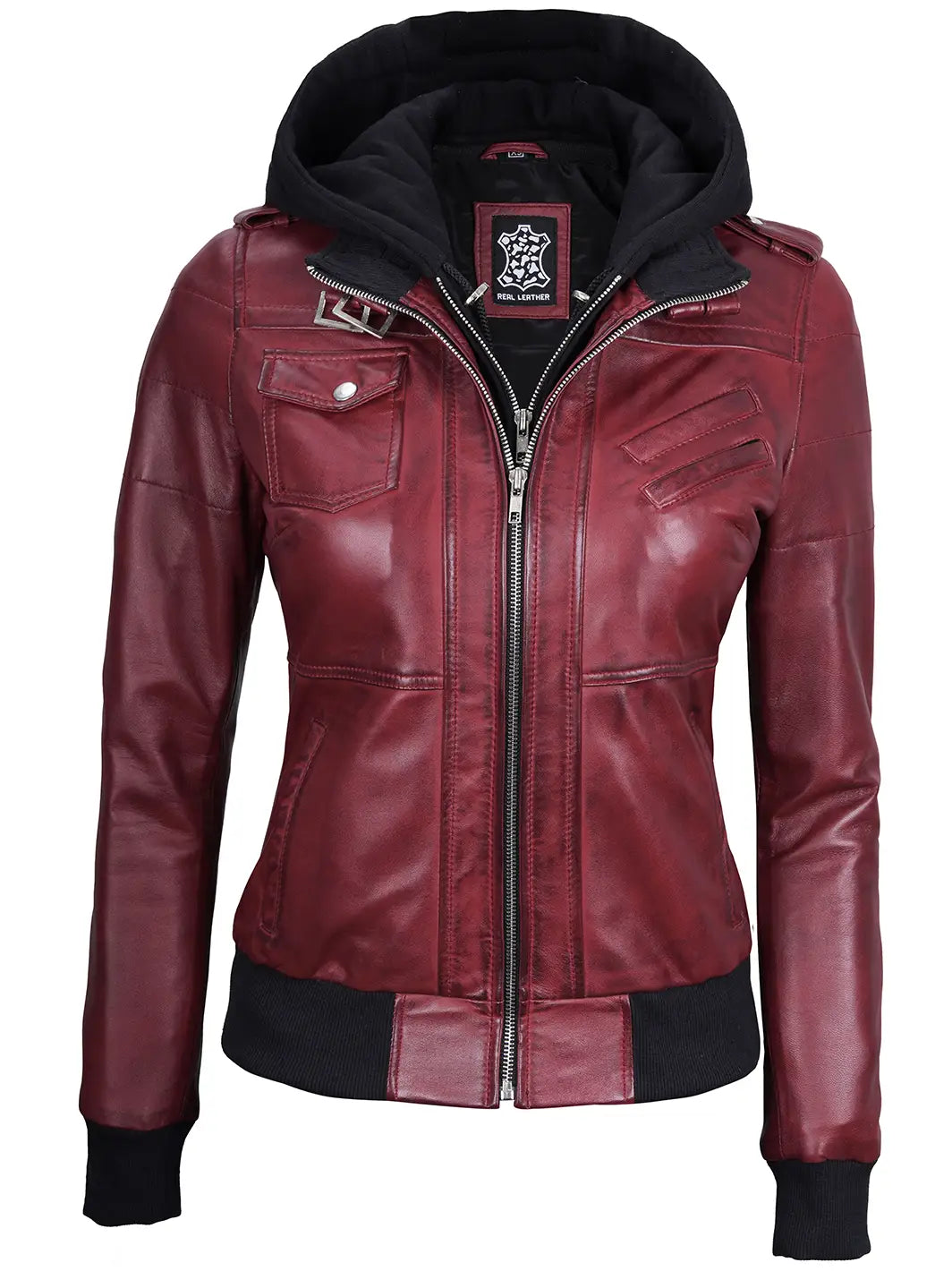 Maroon hooded leather jacket