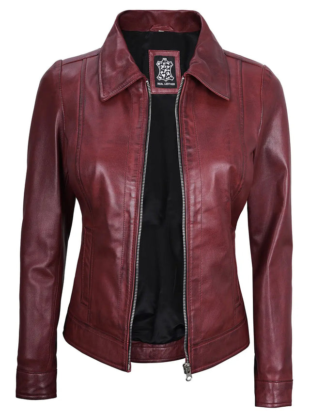 Harrington-Lederjacke, Burgund für Damen