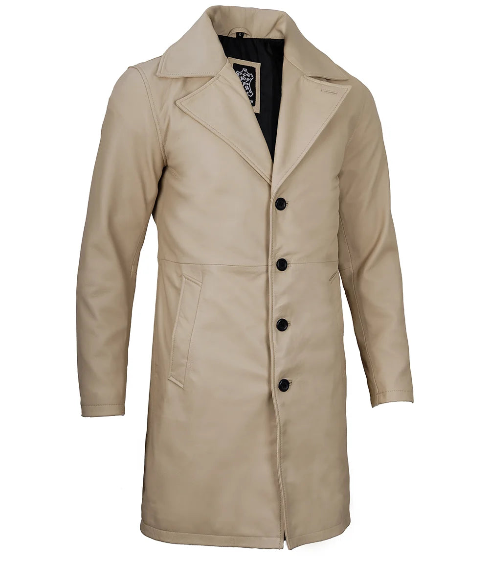 Mens real leather beige car coat