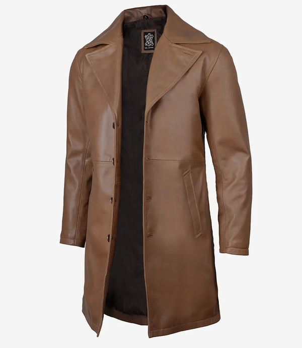 Men's 3 4 Length Brown Leather Car Coat
