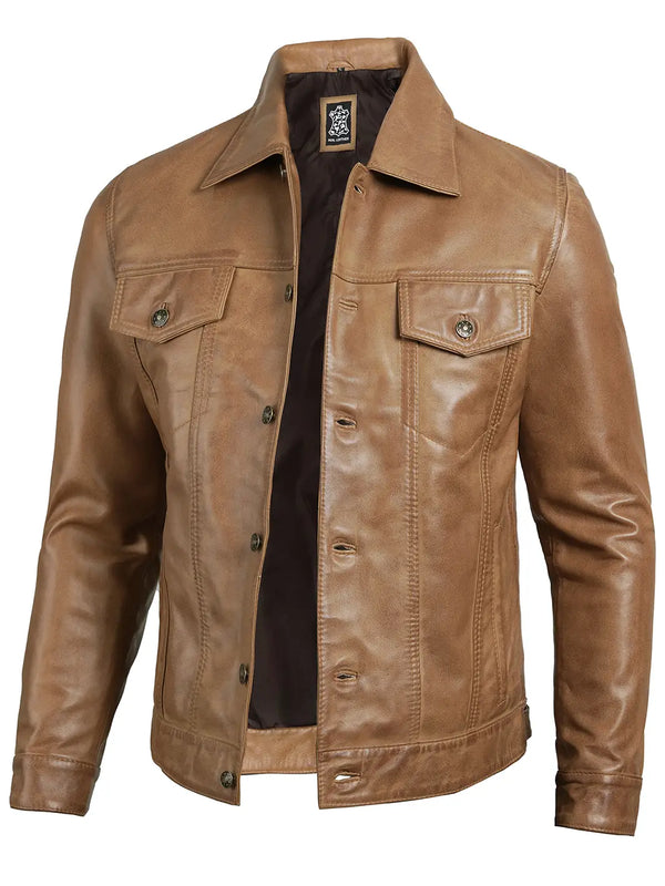 Men's Camel Brown Leather Trucker Jacket