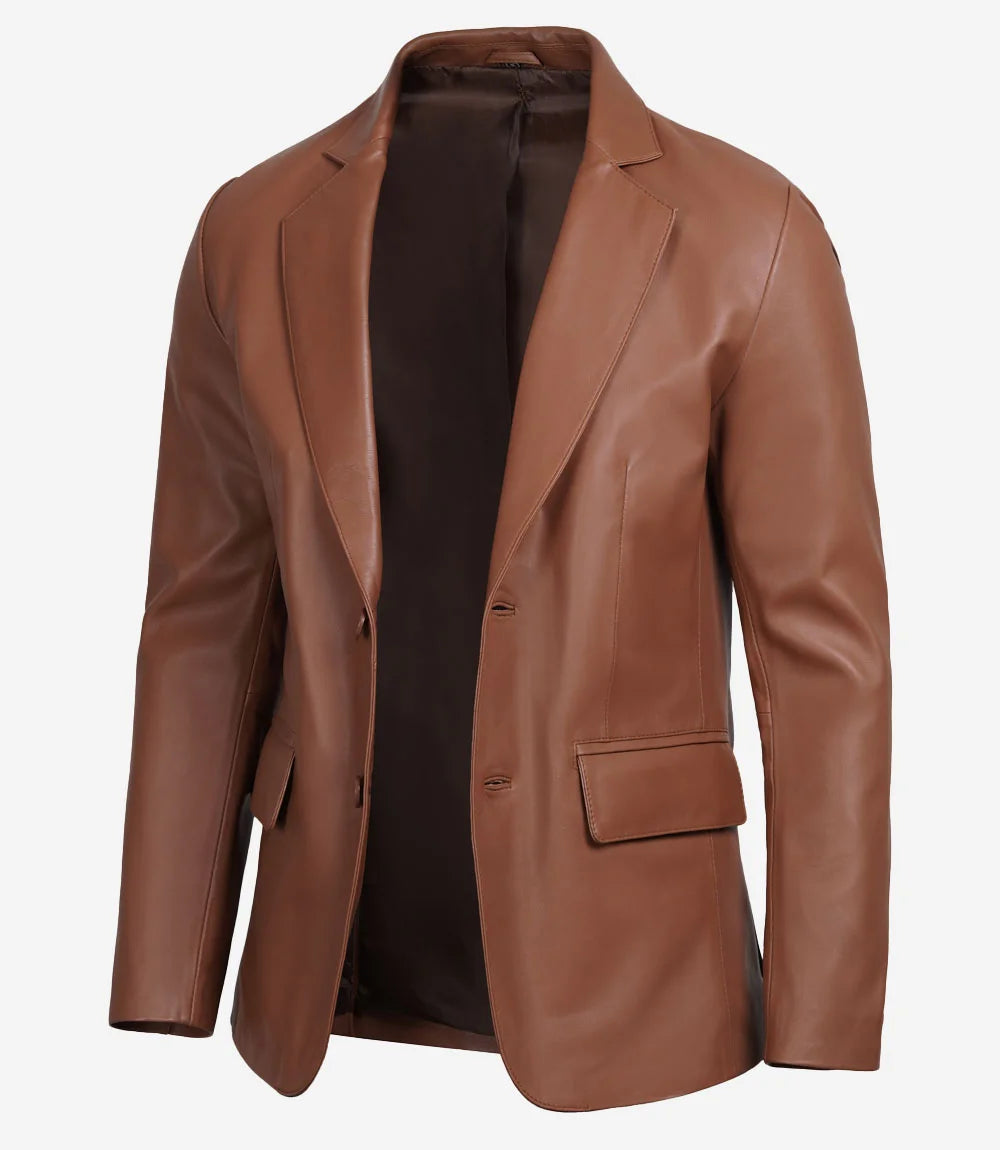 Men's Two Button Cognac Brown Leather Blazer
