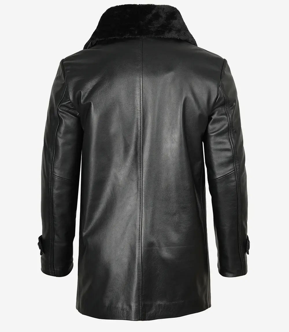 Mens 3/4 Black Real Leather Coat With Fur Collar