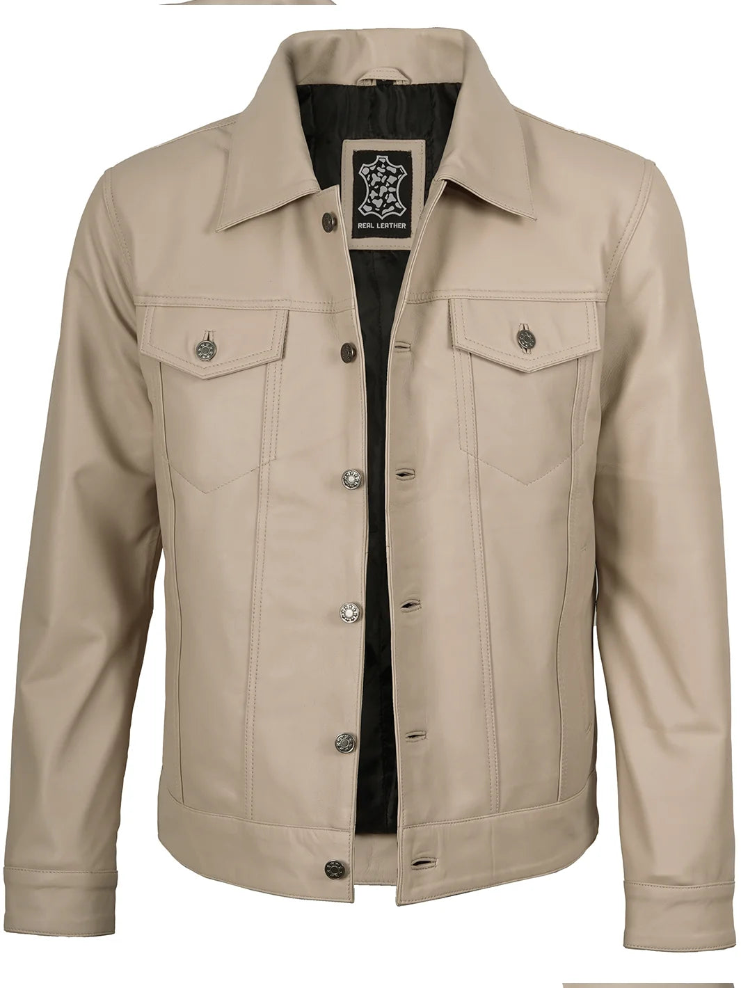 Mens Beige Real Lambskin Leather Jacket Trucker 