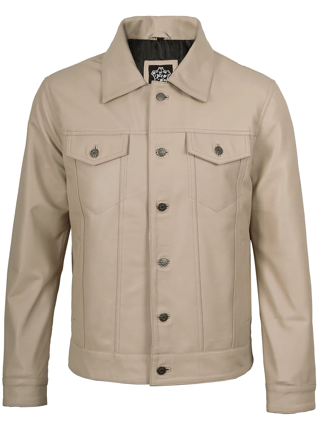 Mens Beige Trucker Real Leather Jacket 