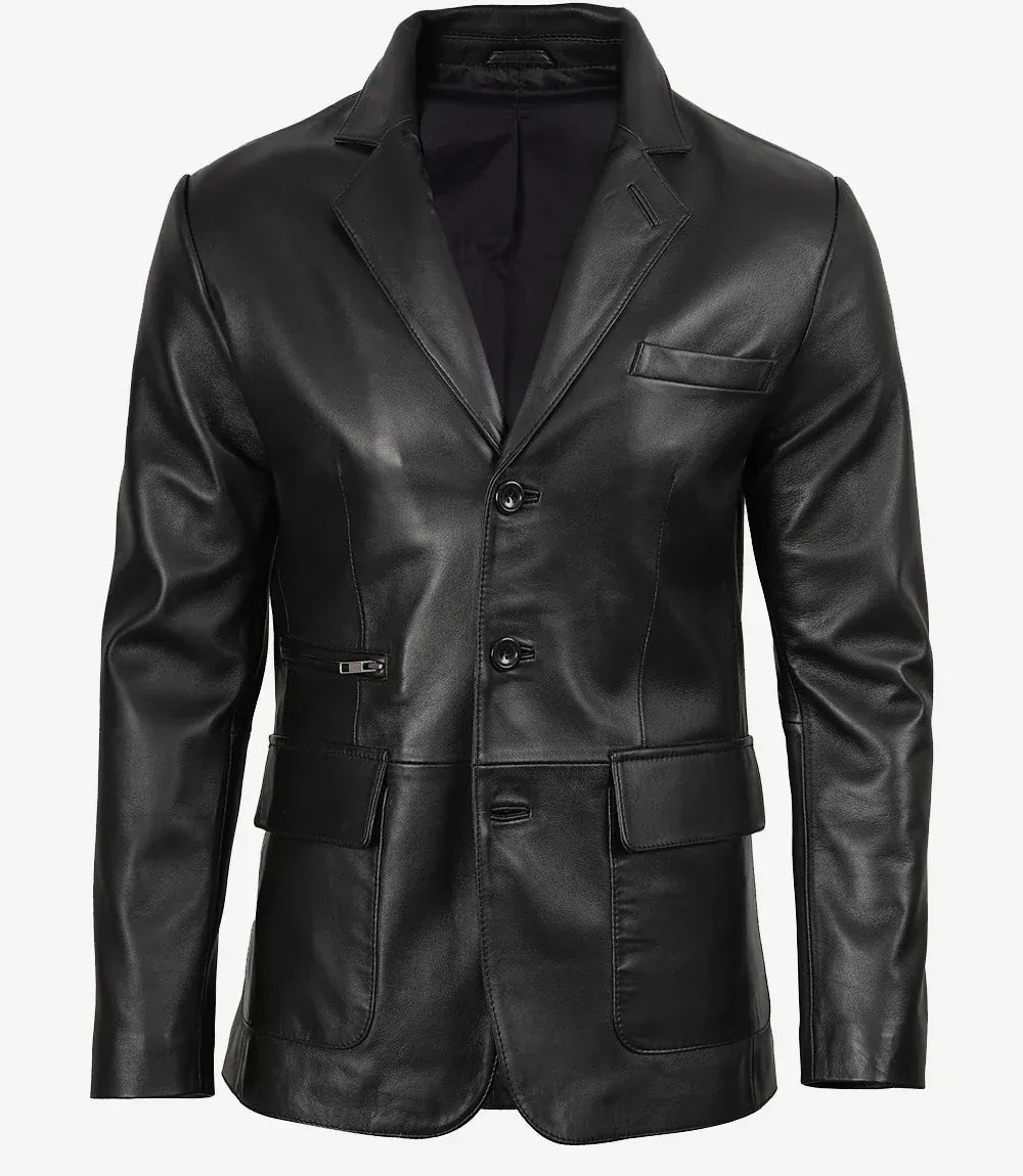 Decrum Men's Black Three Button Real Leather Blazer