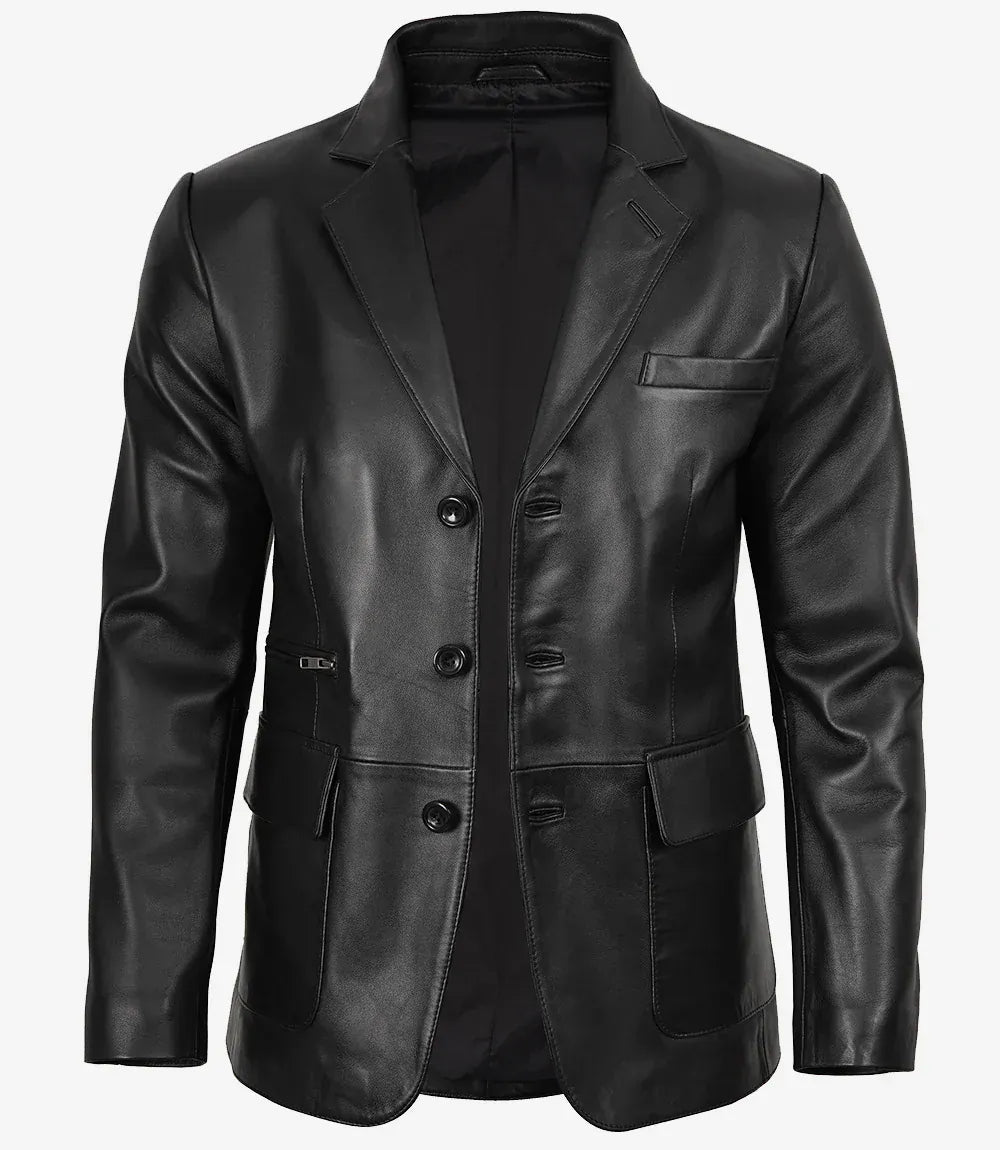 Decrum Men's Black Three Button Real Leather Blazer