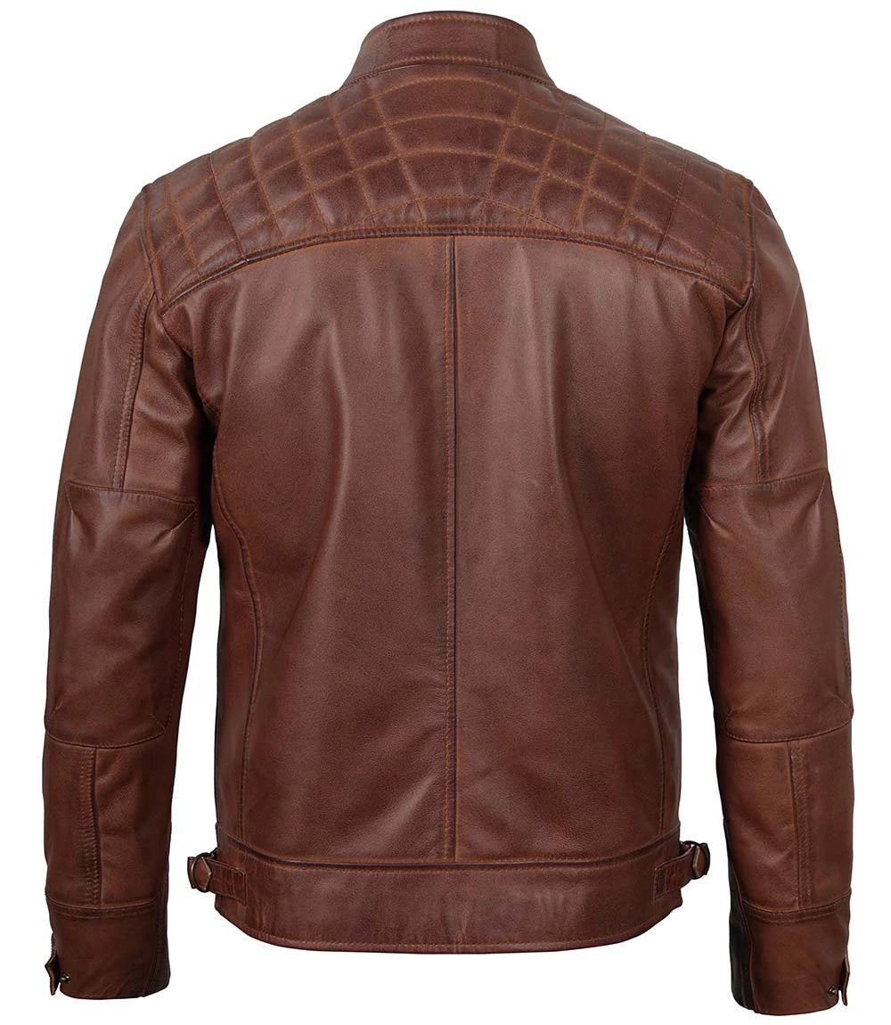 Mens Brown Quilted Cafe Racer Leather Jacket