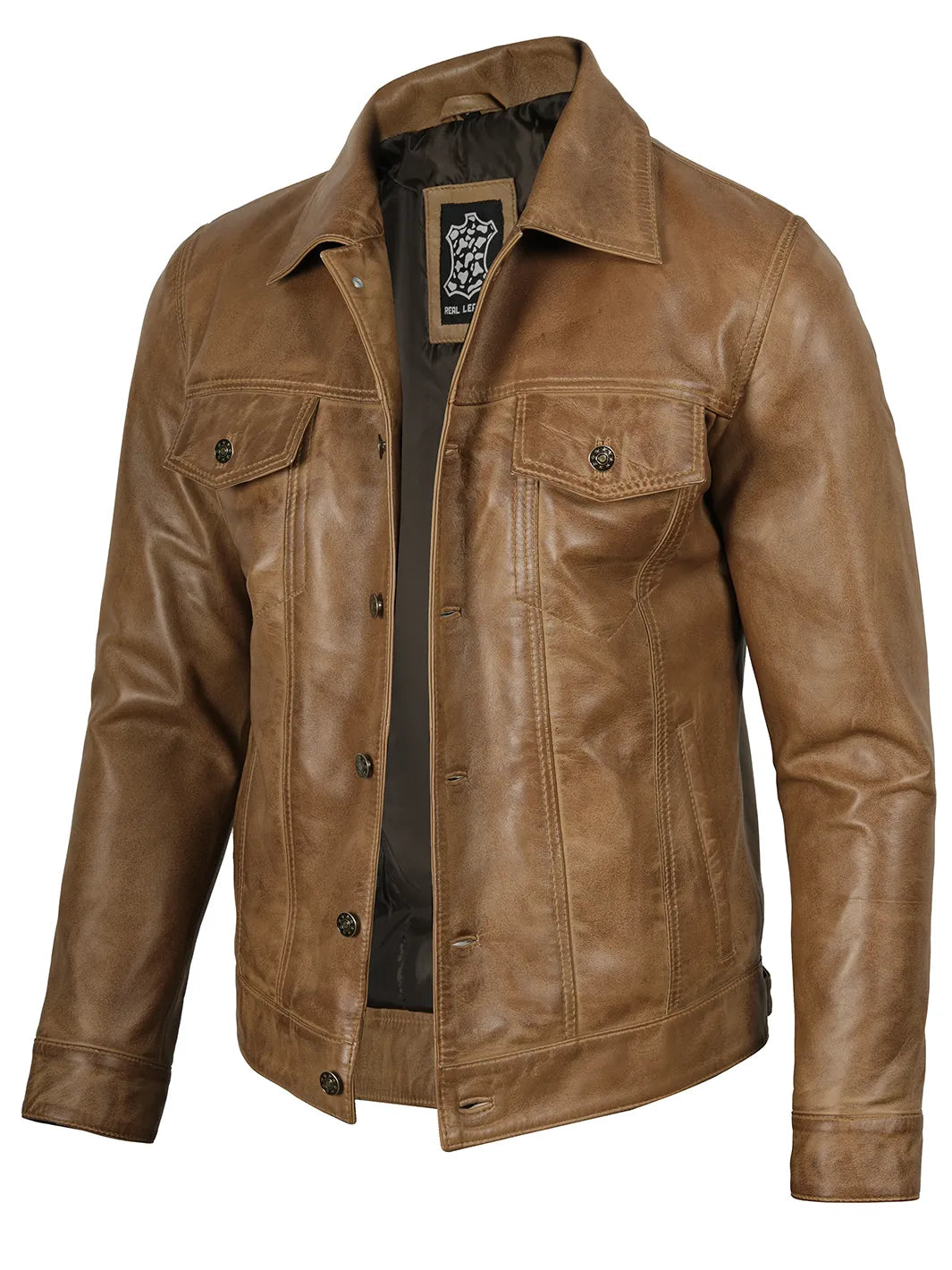 Mens Camel Brown Trucker Leather Jacket