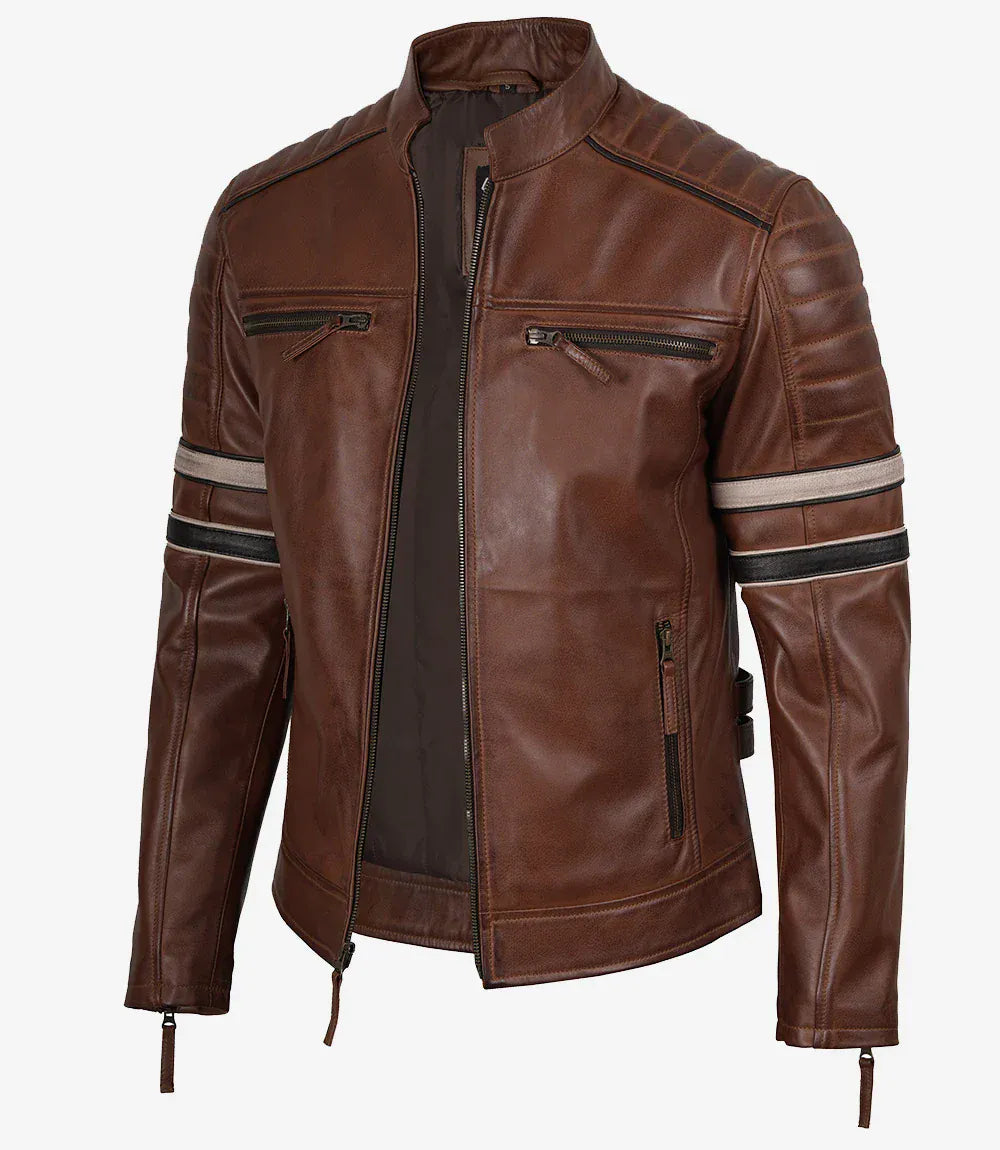 decrumnew Men's Cognac Brown Leather Racer Jacket with Black and Beige Stripes