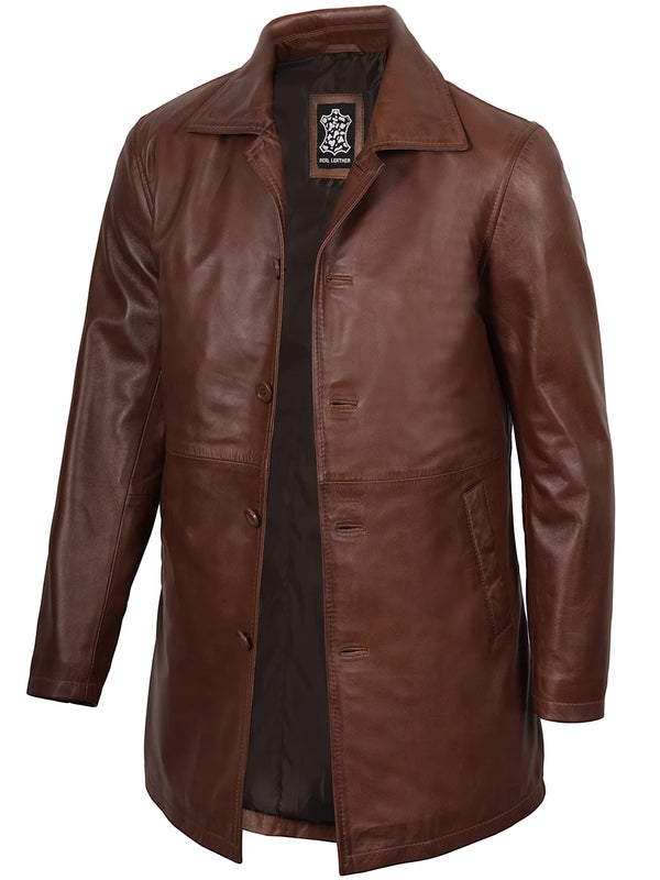 Mens Tan Brown 3 4 Length Leather Car Coat