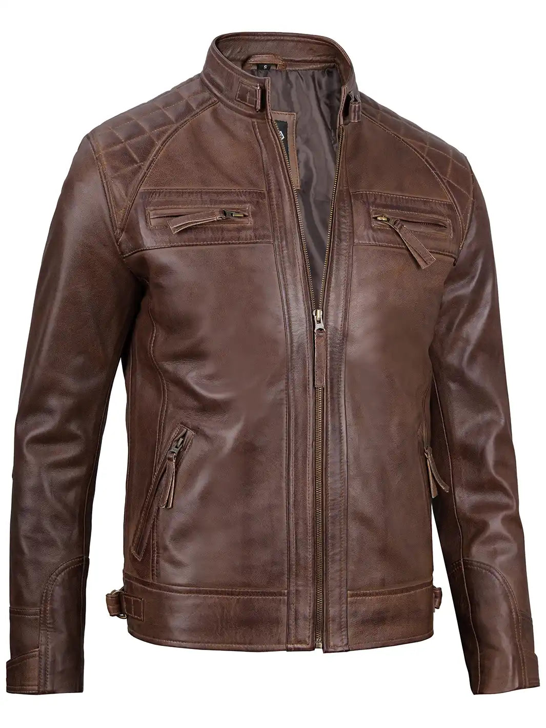 Men Chocolate Brown Cafe Racer Real Leather Jacket Decrum