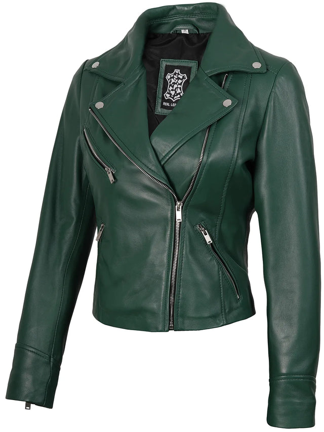 Asymmetrisk biker-skinnjacka in grönt (Damen)